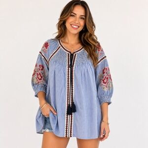 Romeo Juliet Couture Embroidered Tunic Dress Striped Bohemian XL